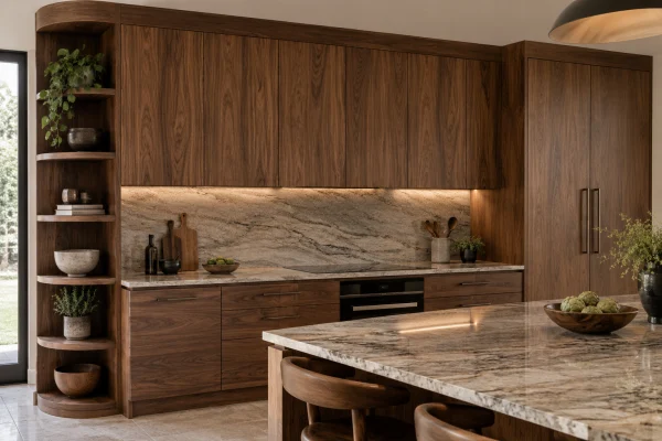 Walnut kitchen with open corner shelves and a stone backsplash