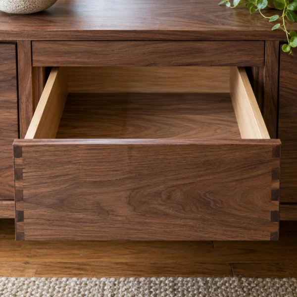 Open walnut drawer showing dovetail joints