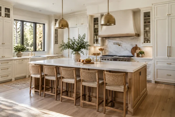 Large kitchen with a long island and six woven stools