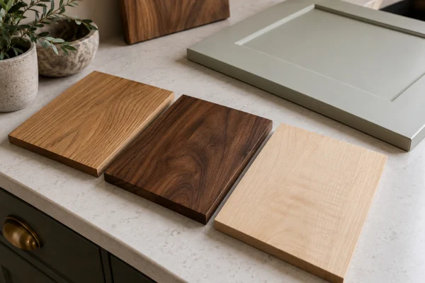 Oak, walnut and maple wood samples beside a painted door sample