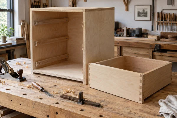 Plywood cabinet box and a dovetailed drawer on a workbench