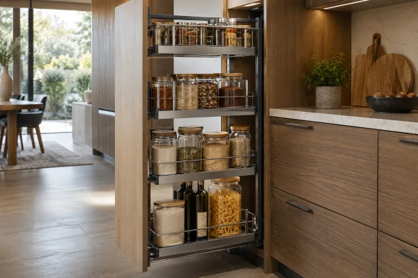 Tall pull-out pantry with glass jars beside oak cabinets
