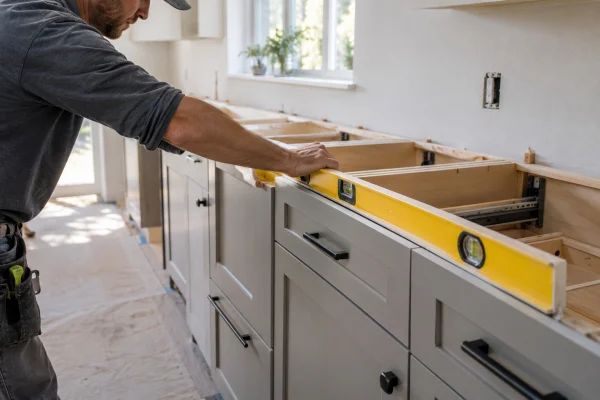 Installer checking a cabinet run with a yellow level