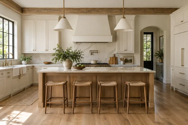 Farmhouse kitchen with cream cabinets and an oak island with rush stools