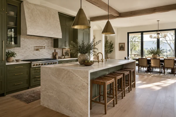 Open-plan kitchen with green cabinets and a stone waterfall island
