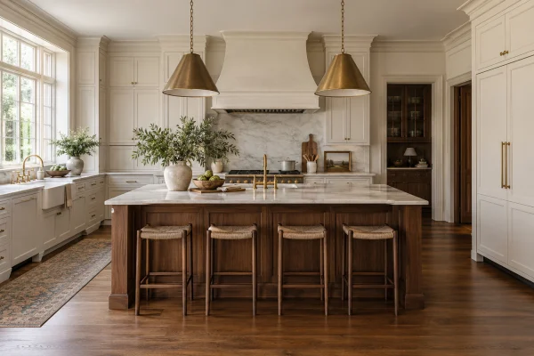 Traditional kitchen with cream cabinets, a wood island and brass pendants