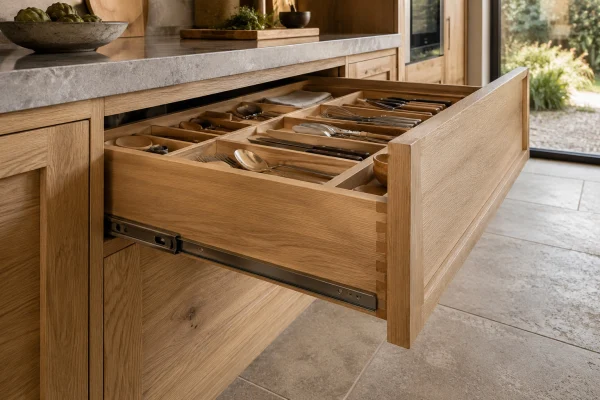 Oak drawer with a fitted cutlery organizer