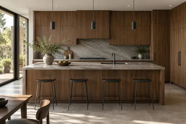 Modern kitchen with walnut cabinets, a stone island and black stools