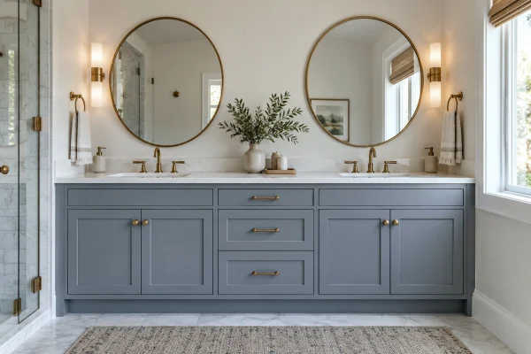 Blue double vanity with two round mirrors and brass sconces