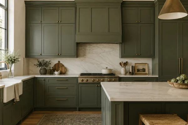 Kitchen with green painted cabinets and a pale stone island