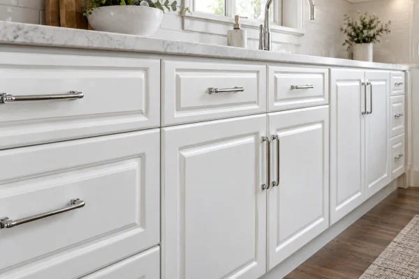White raised-panel cabinets with silver bar pulls