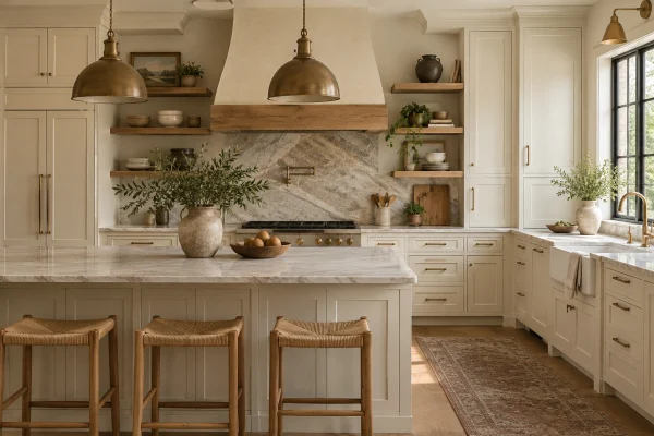 Cream kitchen with a brass range hood band, open shelves and an island with wood stools