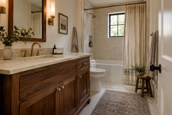 Bathroom with a walnut vanity, a cream stone top and a tiled shower