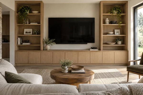 Living room media wall with built-in oak shelves around a TV