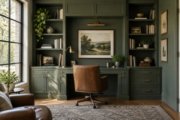 Home office with green built-in shelving, a desk and a leather chair