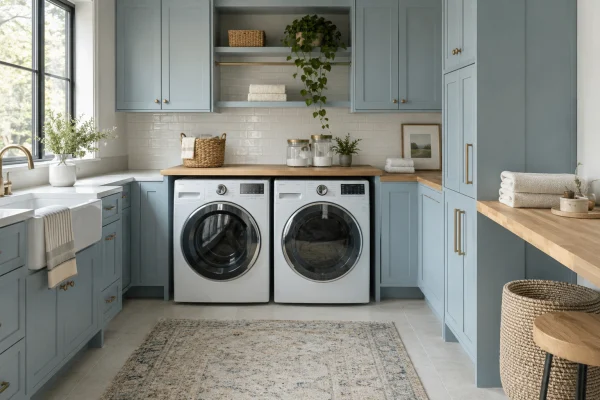 Laundry room with blue cabinets, a washer and dryer and a wood counter