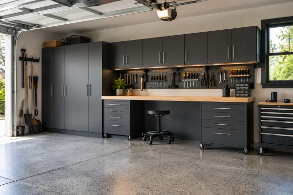 Garage with dark grey storage cabinets and a workbench