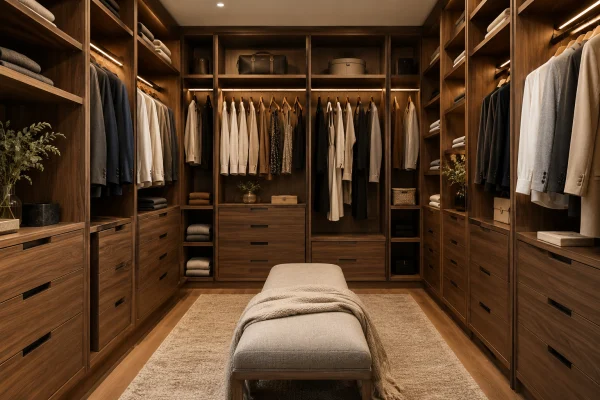 Walk-in closet with walnut shelving, drawers and hanging rails