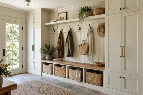 Mudroom with white cabinets, hooks, a bench and storage baskets