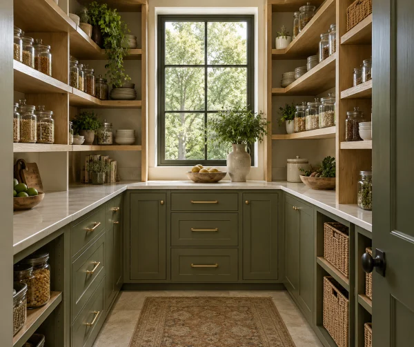 Walk-in pantry with green lower cabinets and open wood shelves