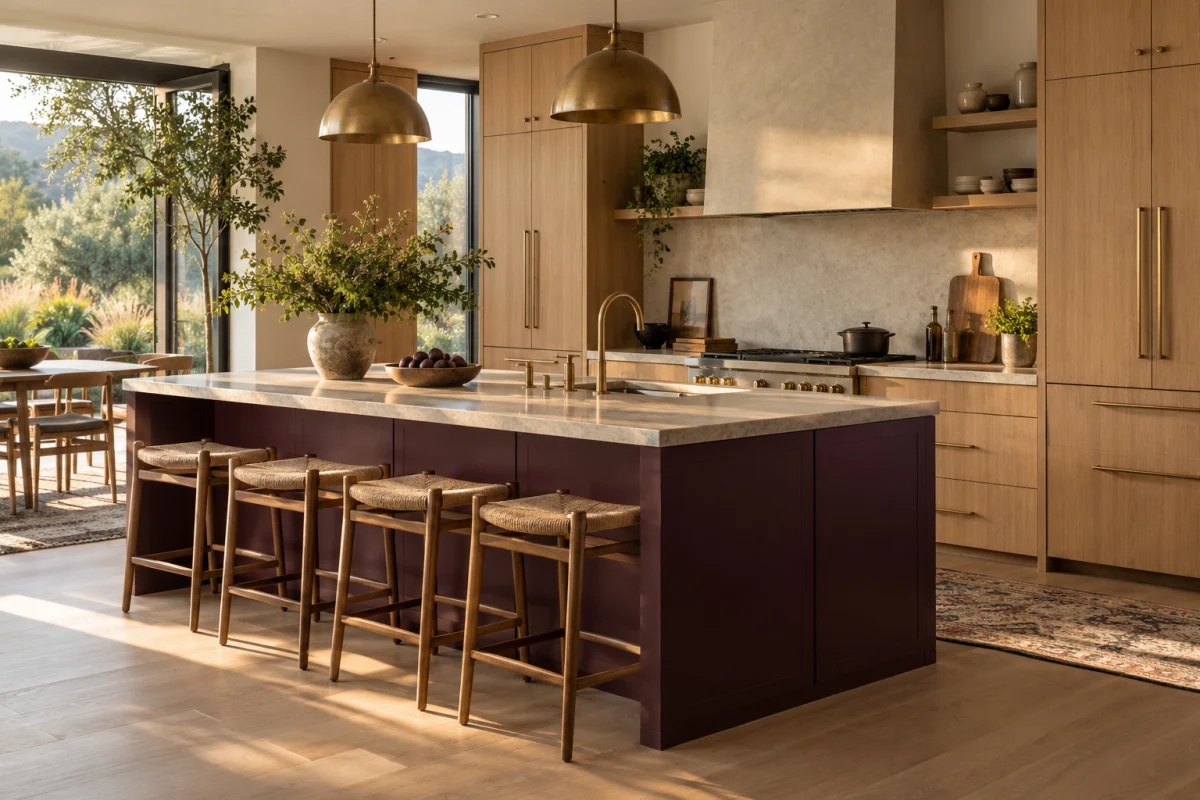 Kitchen with a plum island, oak cabinets and brass pendants