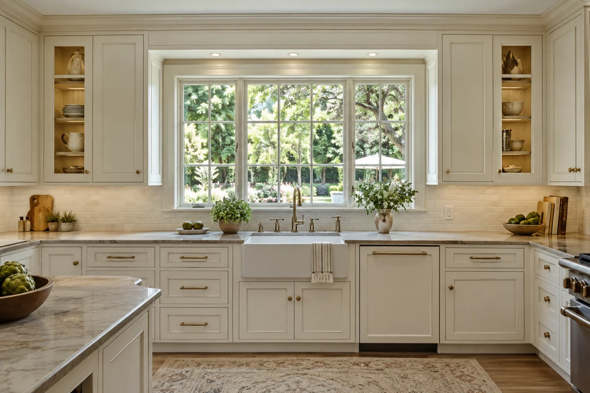 Cream kitchen with glass-front corner cabinets around a large window