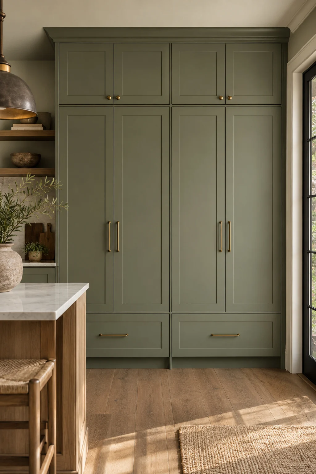 Floor-to-ceiling sage green pantry cabinets