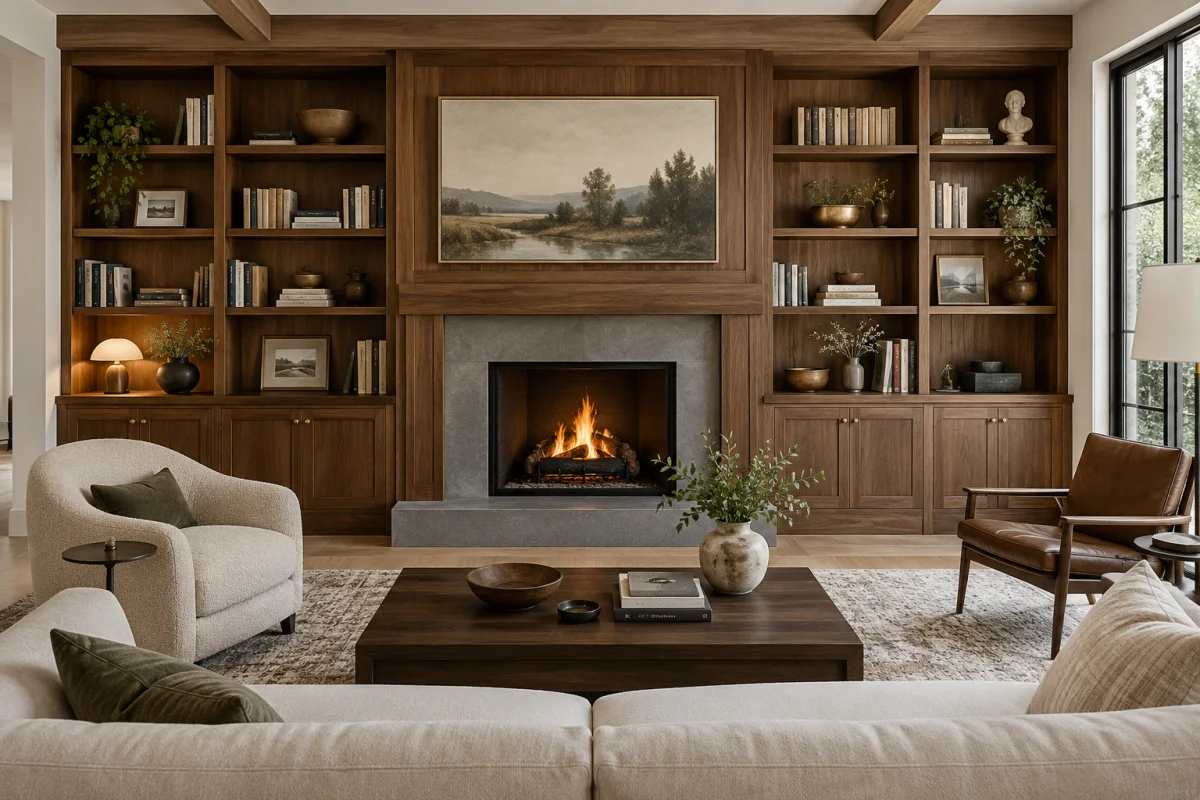 Living room with built-in walnut bookshelves around a fireplace