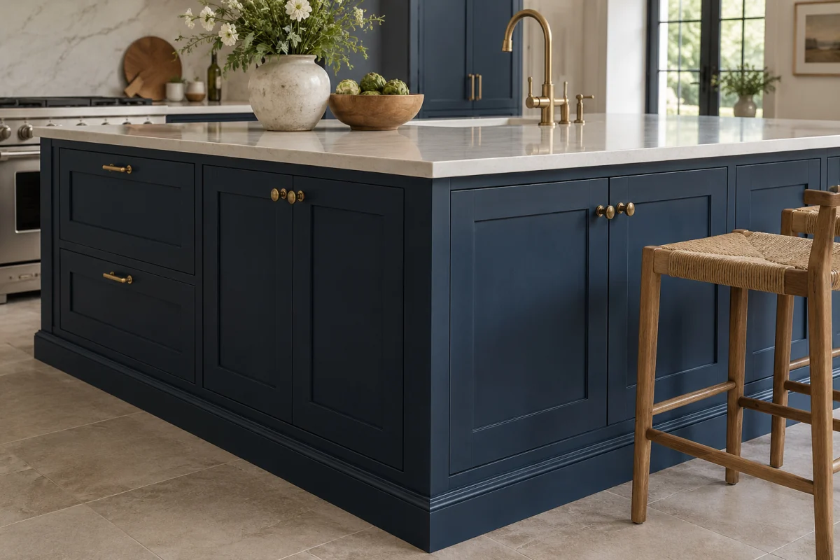 Navy kitchen island with shaker doors and a white stone top