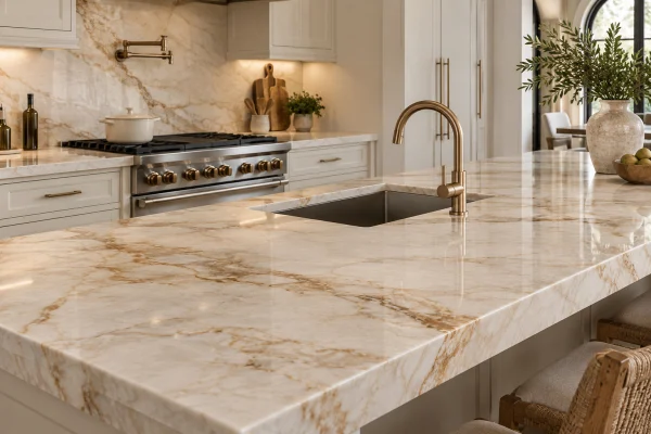 Veined marble countertop with an undermount sink and a brass faucet