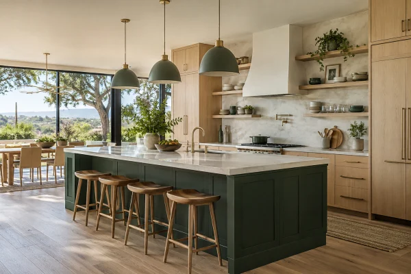 Open kitchen with a dark green island, oak cabinets and three pendants