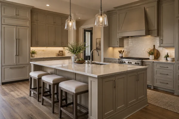 Kitchen with greige painted cabinets and a white island with upholstered stools