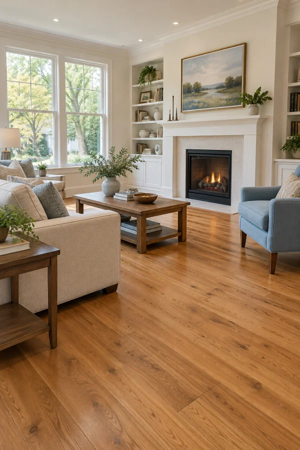 Living room with natural oak flooring and a fireplace