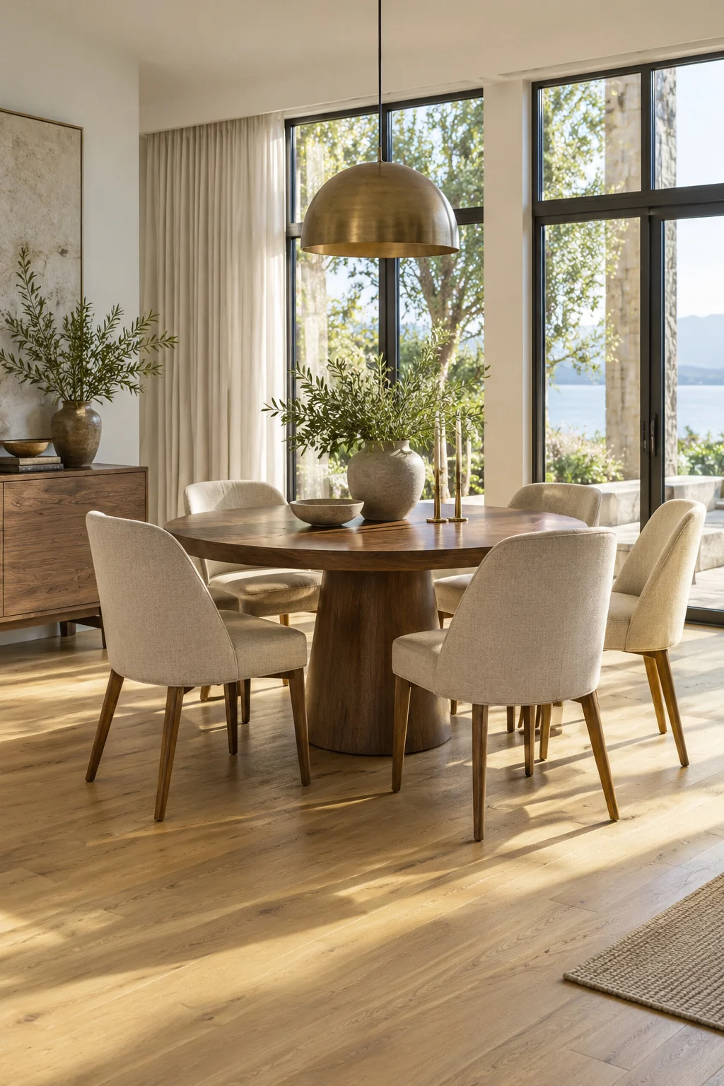Dining nook with a round table on light oak flooring
