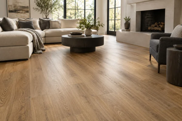 Living room with luxury vinyl plank flooring and a sectional sofa