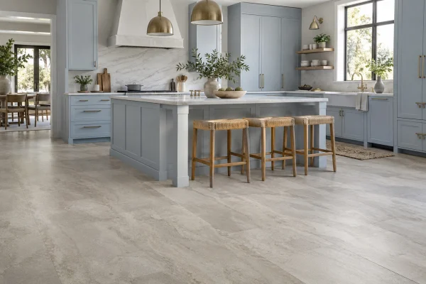 Kitchen with grey stone-look SPC flooring and a blue island