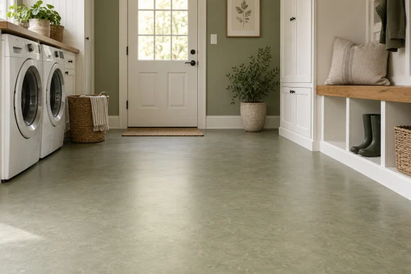 Laundry room with sage green linoleum flooring