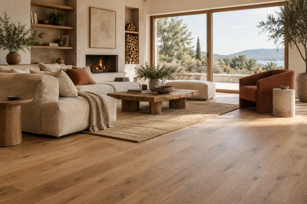 Living room with engineered hardwood flooring and a fireplace