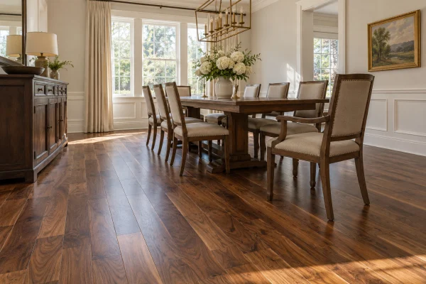 Dining room with dark solid hardwood flooring