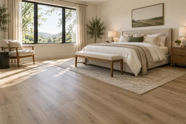 Bedroom with oak-look laminate flooring