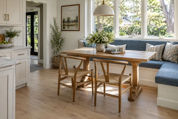 Breakfast nook with water-resistant laminate flooring and a banquette
