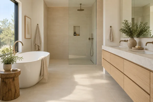 Bathroom with large-format porcelain floor tile and a freestanding tub