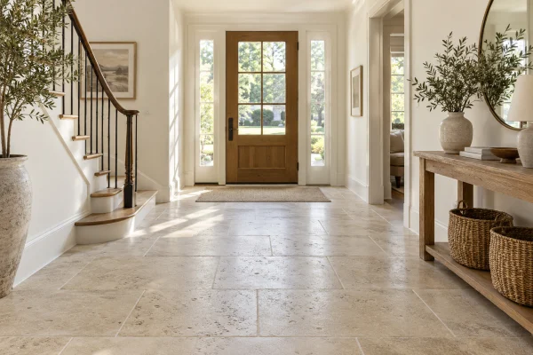 Entry hall with natural limestone flooring and a curved staircase