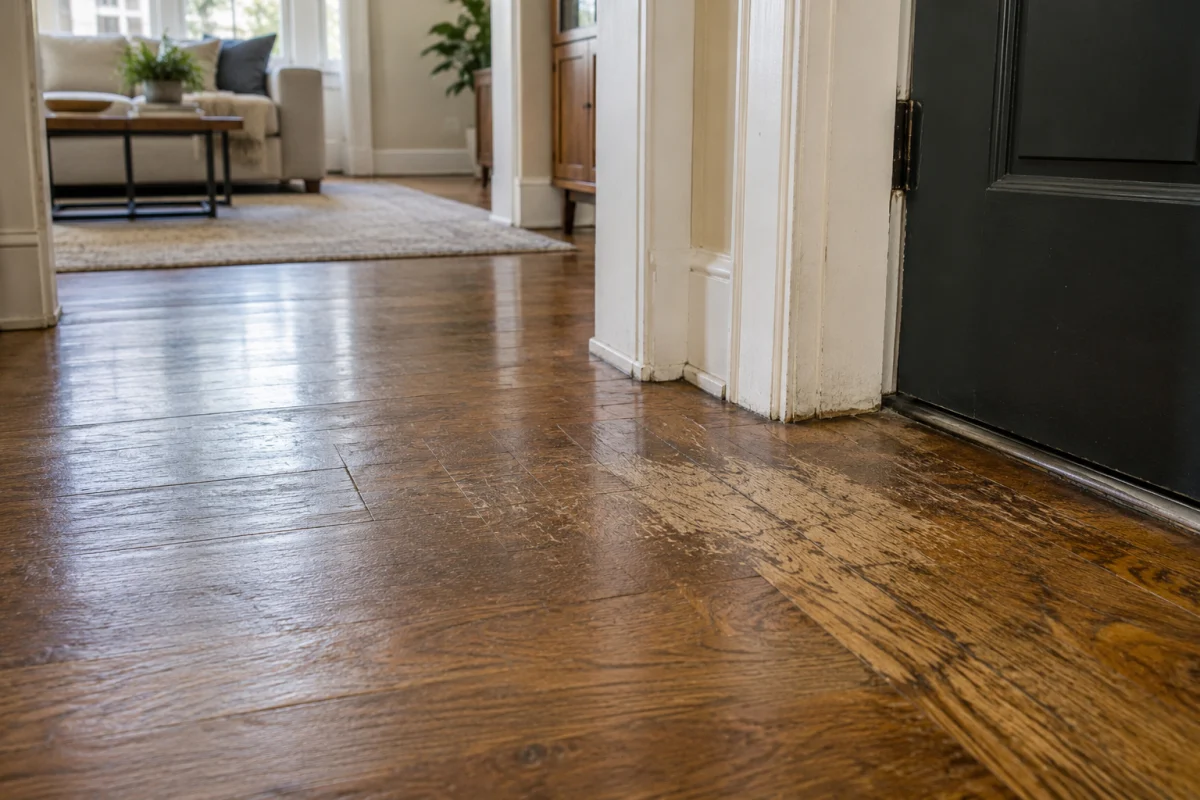 Worn, scratched hardwood floor by a front door