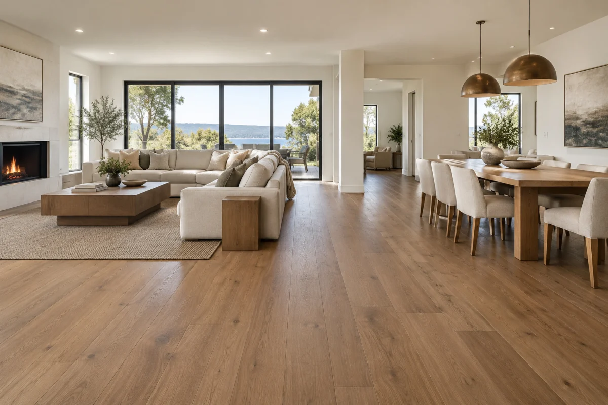 Open living and dining area with light oak flooring