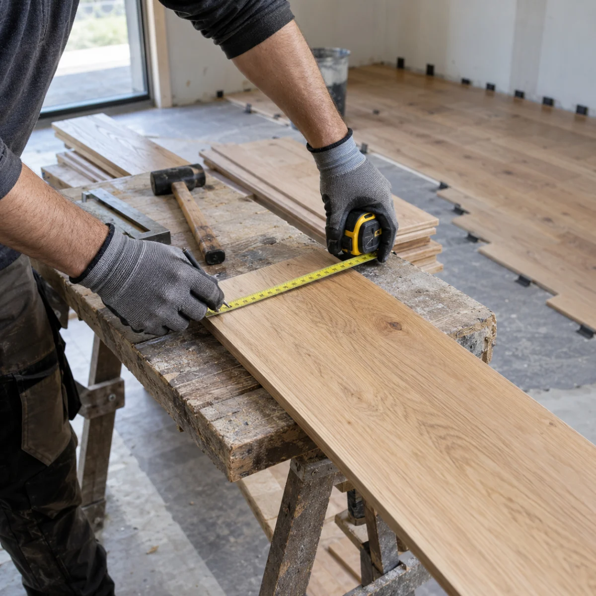 Installer measuring a new oak plank with a tape measure
