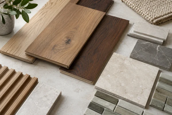 Flooring samples of oak, walnut, stone and tile