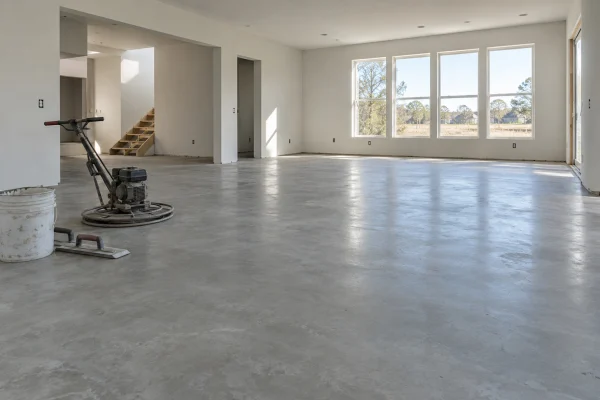 Concrete subfloor being ground smooth before new flooring