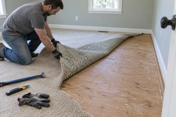 Installer pulling up old carpet and pad