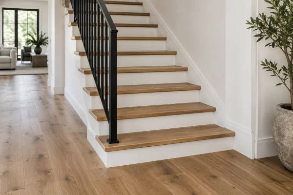 Staircase with oak treads, white risers and a black railing